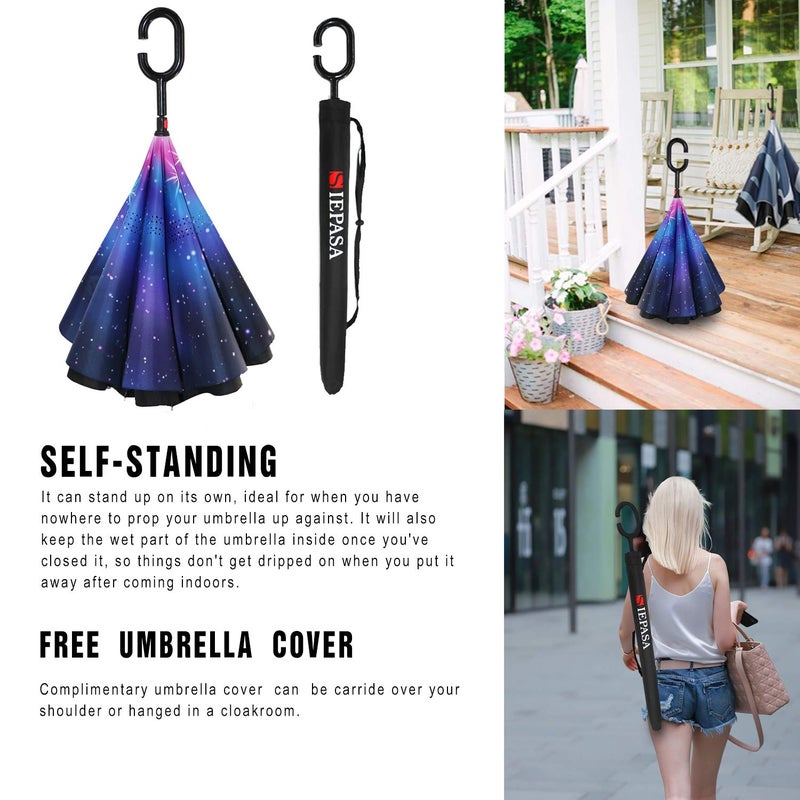 SIEPASA 49/56 Inch Inverted Reverse Upside Down Umbrella, Extra Large Double Canopy Vented Windproof Waterproof Stick Golf Umbrellas with C-shape Handle.(the Galaxy, 49 Inch) - Image 5